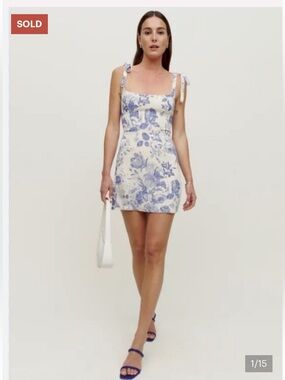 Reformation Annabell Blue & white mini lined floral 2 ruched tie straps dress